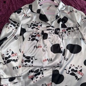 Kids Cow Print Satin Pajama Set - White and Black
